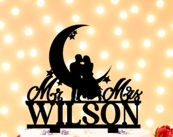 Moon and Stars Wedding Cake Topper, Bride and Groom Silhouette, Custom Cake Topper,Acrylic Cake Topper,To the Moon and Back cake topper