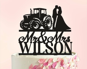 Topper de pastel de boda de tractor, topper de pastel de boda de granjero, topper de pastel de boda de campo, topper de pastel de boda rústico, decoración de pastel S077