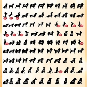 May include: A digital chart titled ForestWeddingParty Pets featuring a grid of black dog silhouettes, each labeled with a unique identification number from 101 to 210. Some numbers are highlighted with red circular backgrounds for emphasis.