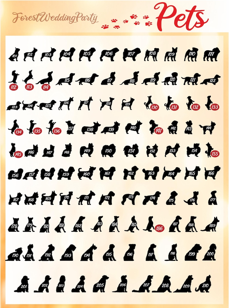 May include: A digital chart titled ForestWeddingParty Pets featuring a grid of black dog silhouettes, each labeled with a unique identification number from 101 to 210. Some numbers are highlighted with red circular backgrounds for emphasis.