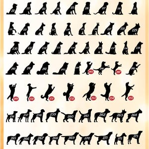 May include: A digital chart titled ForestWeddingParty Pets featuring a grid of black dog silhouettes. Each silhouette is numbered from 211 to 282, showcasing various breeds in sitting, standing, and jumping poses against a light background.