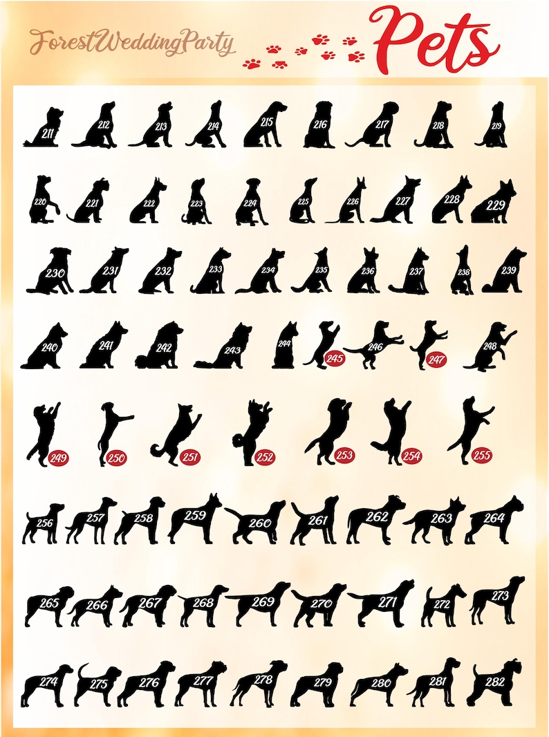 May include: A digital chart titled ForestWeddingParty Pets featuring a grid of black dog silhouettes. Each silhouette is numbered from 211 to 282, showcasing various breeds in sitting, standing, and jumping poses against a light background.