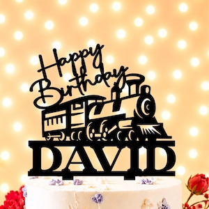 Decorazione per torta di compleanno a forma di treno "Happy Birthday", decorazione personalizzata per feste a tema viaggio avventuroso con nome della locomotiva, decorazioni per torta a forma di treno Choo Choo