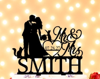 Wedding Cake topper with Cat, Cats Wedding Cake topper, Topper for wedding, Bride and Groom with cats, Silhouette cat Cake topper, Two cats