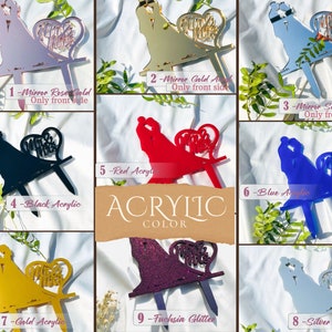 May include: A collection of nine acrylic cake toppers featuring a silhouette of a couple and a heart with the text Mr & Mrs. The colors include mirror rose gold, mirror gold, mirror silver, black, red, blue, gold, fuchsia glitter, and silver.