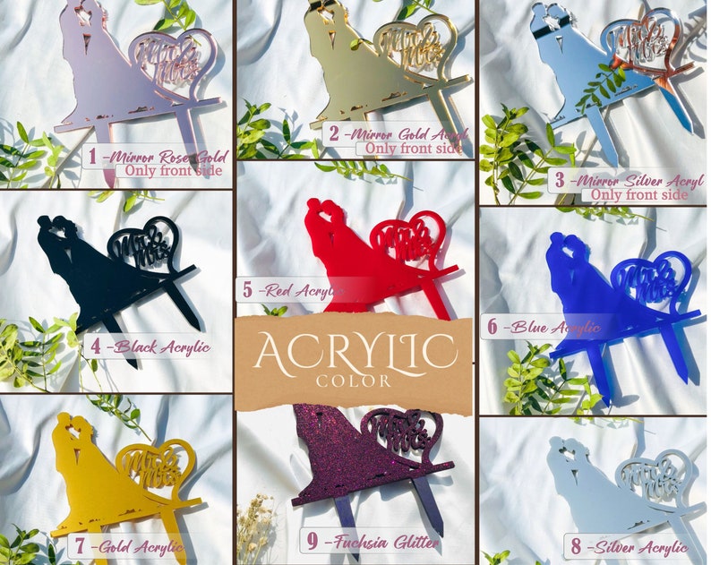 May include: A collection of nine acrylic cake toppers featuring a silhouette of a couple and a heart with the text Mr & Mrs. The colors include mirror rose gold, mirror gold, mirror silver, black, red, blue, gold, fuchsia glitter, and silver.