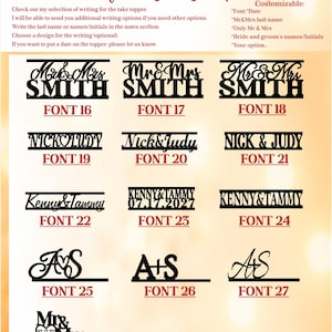 May include: A digital chart displaying fifteen black text font options for custom cake toppers. Each style is labeled from Font 16 to Font 30, showcasing various arrangements of names, initials, and dates in different script and block lettering.