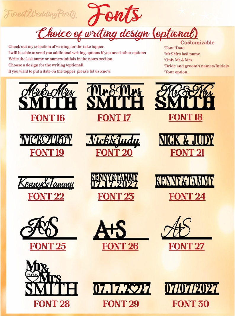 May include: A digital chart displaying fifteen black text font options for custom cake toppers. Each style is labeled from Font 16 to Font 30, showcasing various arrangements of names, initials, and dates in different script and block lettering.