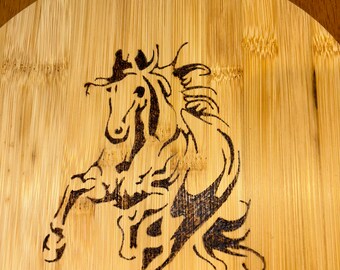 Bamboo charcuterie board  with hand burnt running horse 24x24 cm
