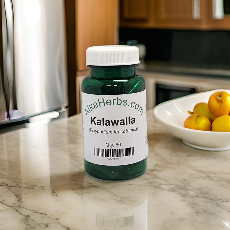 May include: A green bottle with a white lid and a label that reads "AlkaHerbs.com Kalawalla (Polypodium leucotomos) Qty. 60".