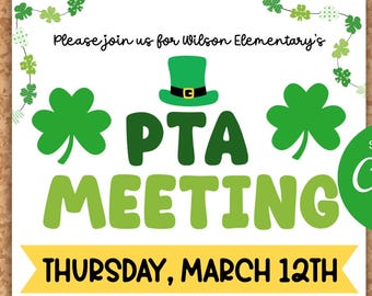 PTA Meeting Flyer March St. Patrick's Day theme, Join the PTO flyer, Editable in Canva