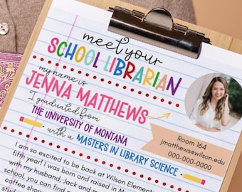 Meet Your School Librarian flyer template, Back to School night one page template, meet the librarian printable, library, editable in Canva