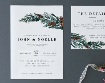 Winter Wedding Invitation Template | Digital Download | 5x7 | A6 | Details Card | Elegant winter pine wedding | Christmas Eve Wedding, W01