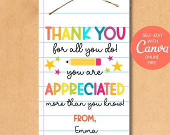 Editable Teacher Gift Tag, Appreciation Week Thank You, Canva Template (Instant Download)