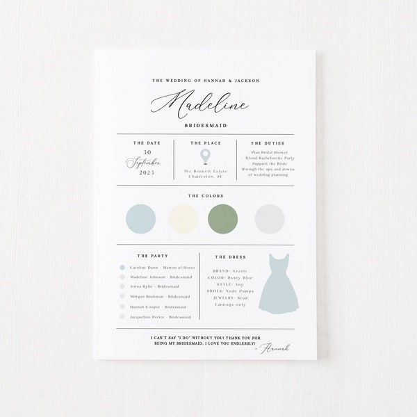 Bridesmaid info card template, 5x7, Bridal Party info card, digital template, editable and personalizable, bridesmaid dress info card