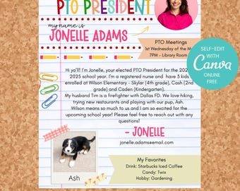 Meet the PTO President Flyer, Editable School PTA/PTC board handout, Canva
