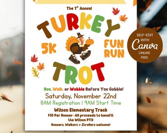Turkey Trot Flyer Template | School Fundraiser, Editable Canva (Digital Download)