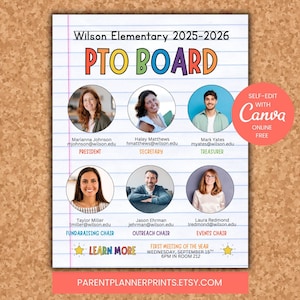Op de afbeelding: Een aankondiging van de PTO-raad voor Wilson Elementary 2025-2026, met foto's van de raadsleden. De raad omvat de voorzitter, secretaris, penningmeester, fondsenwervingsvoorzitter, outreach-voorzitter en evenementenvoorzitter. De aankondiging bevat de datum en tijd van de eerste vergadering.