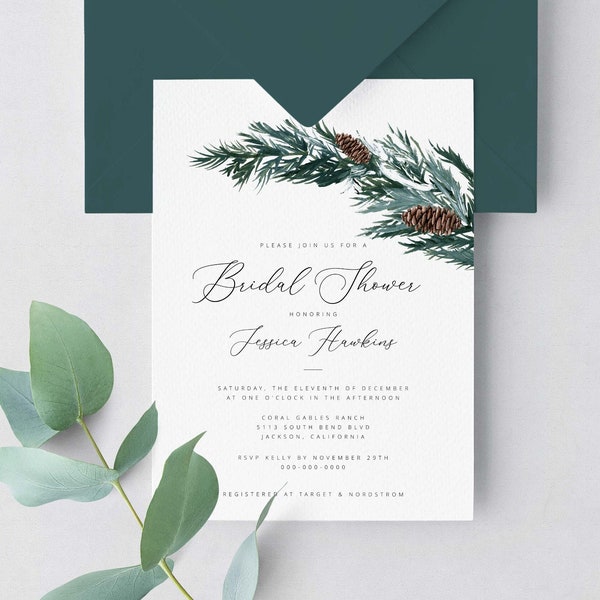Winter Bridal Shower Invitation Template | registry wording | December, holiday, Christmas Eve, wintergreen | Digital Instant Download, W01