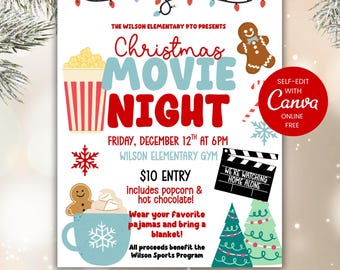 Christmas Movie Night School Flyer | Editable Canva Template (Digital Download)