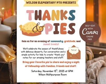 Thanksgiving Pie Fundraiser Flyer, PTO Event, Editable Canva Template (Digital Download)