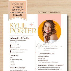 Sorority Resume and Cover Letter Template | Modern & Unique Pink, Orange Sorority Recruitment Resume | Photo Resume Sorority Rush | editable