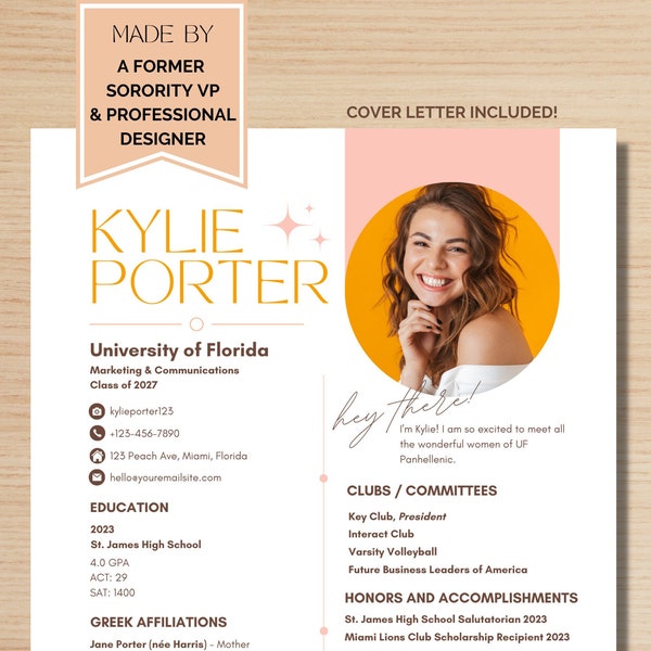 Sorority Resume and Cover Letter Template | Modern & Unique Pink, Orange Sorority Recruitment Resume | Photo Resume Sorority Rush | editable