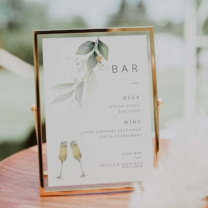Elegant Bar menu sign template for wedding | Beer and Wine menu sign with cash bar wording| 5x7 | print at home | instant download | digital