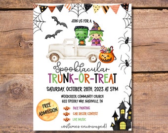 Editable Trunk or Treat Halloween Flyer 8.5"x11", trunk-or-treat flyer, cute kids halloween party invite, editable printable template