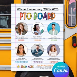 Meet the PTO Board flyer template, pto board bulletin, editable in Canva, PTA recruitment, back to school, parent teacher printable