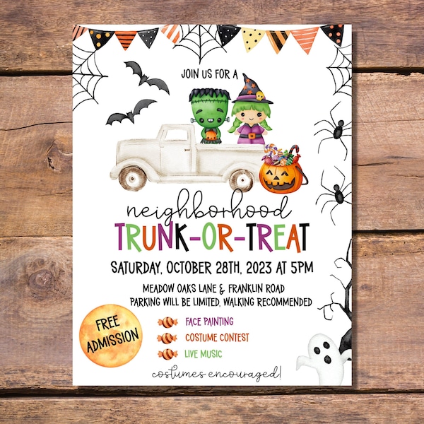 Editable Trunk or Treat Halloween Flyer 8.5"x11", neighborhood trunk-or-treat flyer, cute kids halloween party invite,  printable template