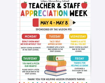 Teacher & Staff Appreciation Week Flyer, Canva Editable Template, Weekly Theme Ideas