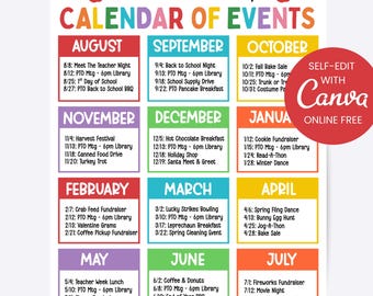 PTC Calendar of Events Flyer, Parent Teacher Groups Editable Canva Template, (Digital Download)