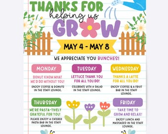 Teacher Appreciation Week Flyer Template, Garden Plant Theme, Editable PTO Staff Schedule (Digital Download)