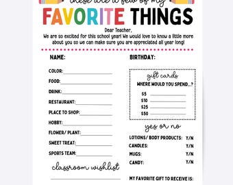 Editable Teacher Favorite Things List, Back to School PTO PTA Form (Canva)