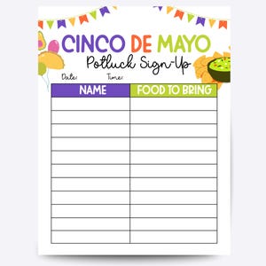Cinco de Mayo Potluck Sign Up Sheet, Office Party, Teacher Potluck (Instant Download)