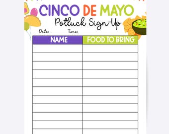 Cinco de Mayo Potluck Sign Up Sheet, Office Party, Teacher Potluck (Instant Download)