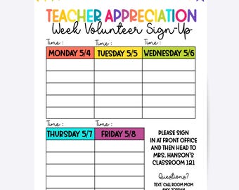 Teacher Appreciation Week Volunteer Sign Up Sheet, Editable Canva Template (Digital Download)