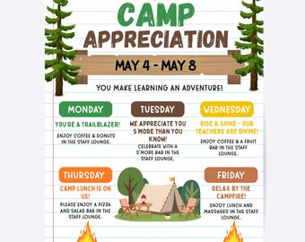 Camp Appreciation Flyer Template, Teacher PTO Event Itinerary (Digital Download)