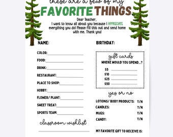 Editable Teacher Favorite Things List, Camp Theme (Canva)