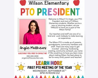 PTO President Flyer, Back to School Meeting Info PTA Canva Template (8.5x11 in)