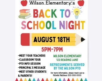 Editable Back to School Night Flyer Template, Open House PTA Poster Digital Download (Canva)