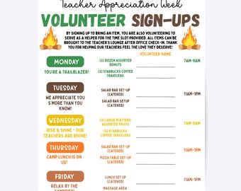 Teacher Appreciation Volunteer Sign Up Sheet, Editable Canva Template, Camp theme (Digital Download)