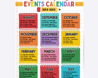 PTO Events Calendar Flyer, Editable Canva Template, (Digital Download)
