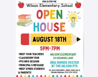 Editable Open House Flyer Template, Back to School PTA Poster (Digital Download)