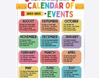 School Events Calendar Flyer, Editable Canva Template, (Digital Download)