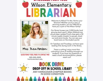School Librarian Flyer, Back to School Library Info Canva Template (8.5x11 in)