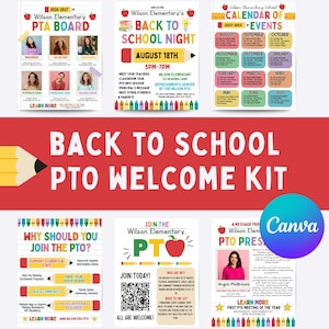 May include: A digital Back to School PTO Welcome Kit template set featuring six colorful flyers with school-themed graphics like apples, pencils, and crayons. The documents include a PTA board roster, event calendar, and informational sheets with text.