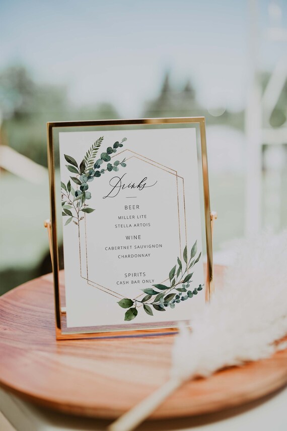 Greenery Bar Menu Sign Template for Weddings Beer and Wine | Etsy