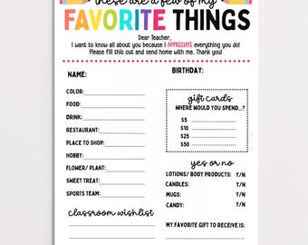 All About My Teacher Editable Canva Template, Appreciation Week Gift Ideas, Favorite Things List